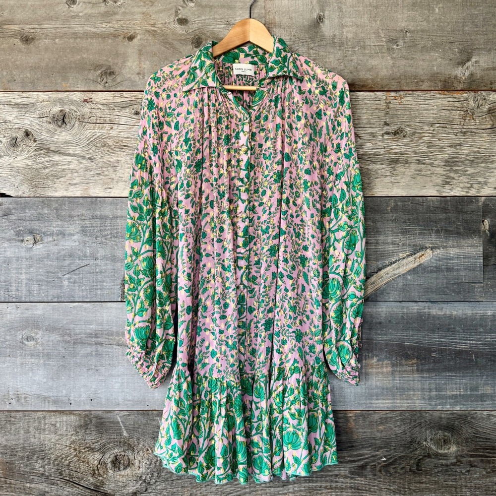 Miss June Paris Floral Boho Mini Dress OS Pink Sheer Ruffle Feminine Resortwear